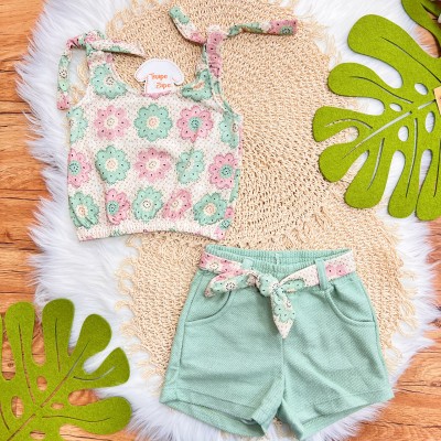 Conj. Regata Favinho Floral e Short em Linho - Verde